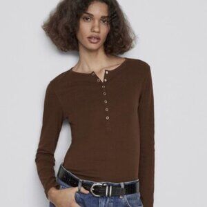 Zara Brown Ribbed Button Long Sleeve Snap Button Top Small